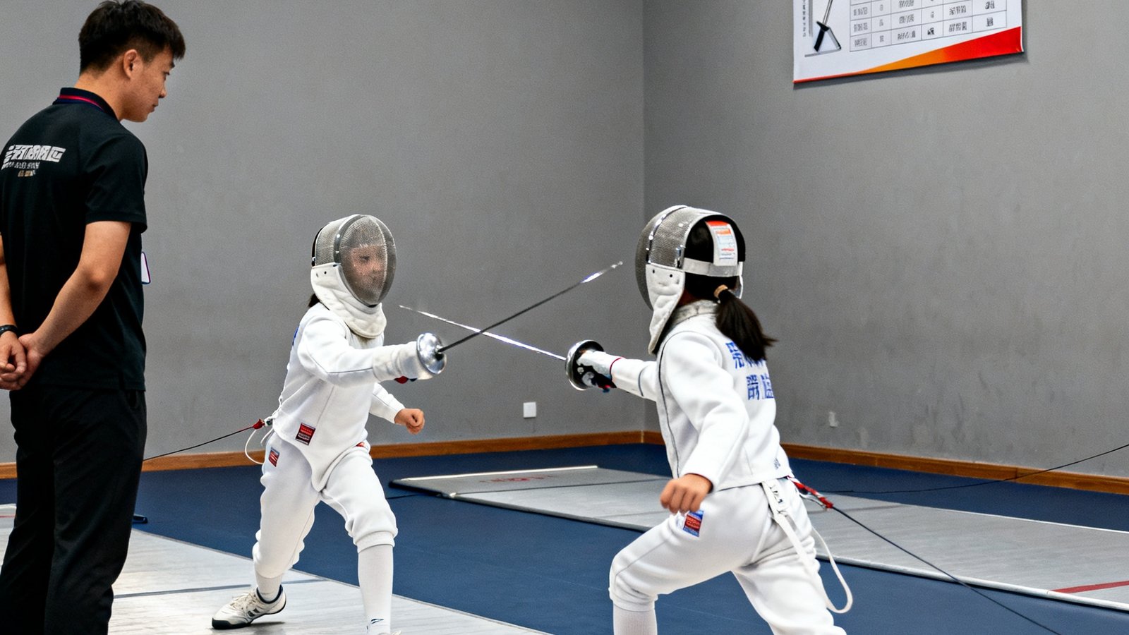 击剑训练馆内，两名青少年学员身穿全套白色击剑防护装备，正在进行佩剑对决，教练在一旁仔细观察动作细节，场馆墙壁上悬挂着击剑规则图示。
