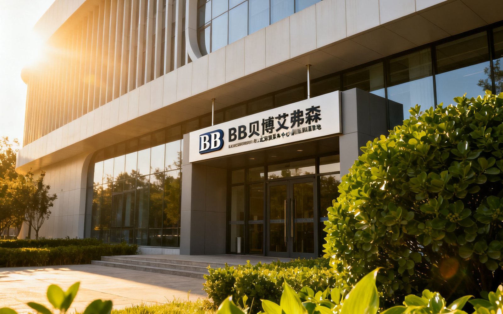 BB贝博艾弗森北京奥体中心训练基地大楼外观，现代化建筑外立面，入口处悬挂着公司标识牌，门前绿植环绕，阳光明媚的午后景象。