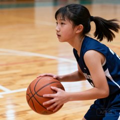 学员小雯在篮球场上运球的近景照片，15岁女孩扎着马尾辫，身穿深蓝色篮球训练服，专注地注视着前方，手中掌控着篮球，背景是训练馆的木质地板。